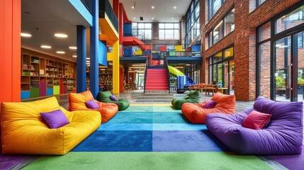 Vibrant, colorful library/play area with comfy seating