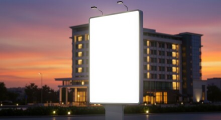 Obraz premium Blank billboard advertisement at dusk, illuminated against a modern hotel building.