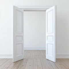 Clean white interior double doors standing open in bright minimalist room with wooden floor and white walls