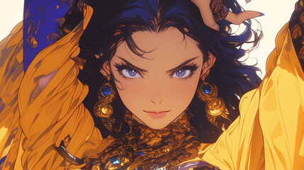 Fototapeta premium ゴージャスなドレスを纏ったファンタジー美女のイラスト 繊細なタッチと宝石のディテール 高級感あふれる衣装 女性ファッション 白背景 美少女素材