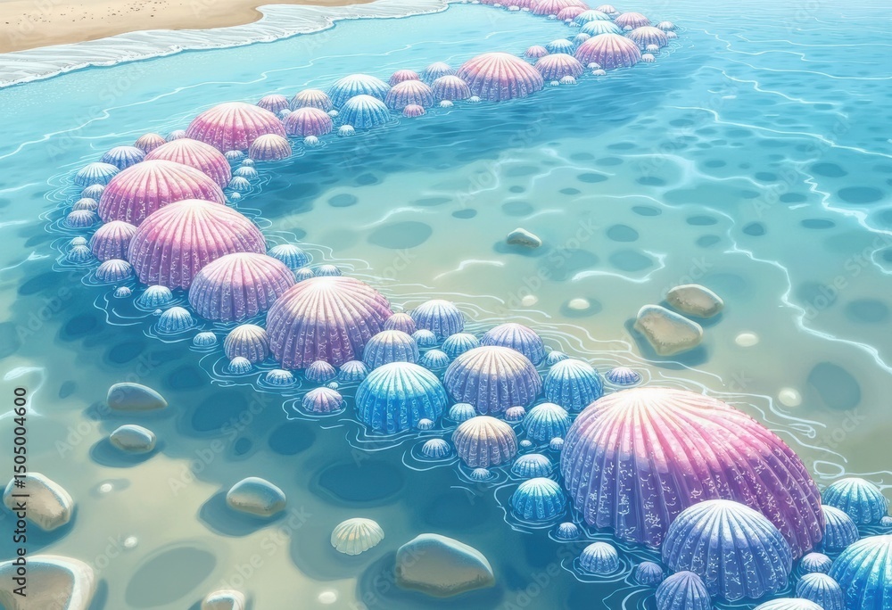 Poster crystal seashell path winding through shallow water, creating a serene coastal scene