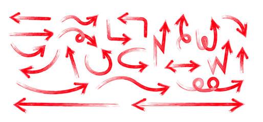 Hand drawn Red arrow doodle set, Sketch arrow brush drawn, decorative direction pointers element design vector collection	
