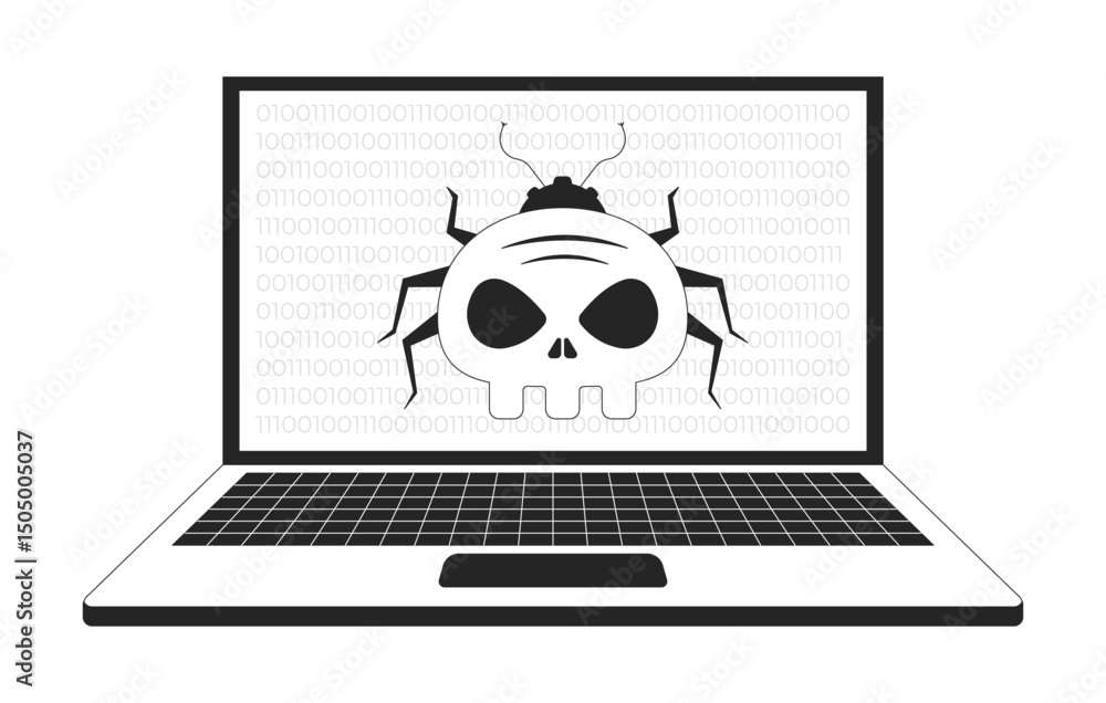 Poster virus computer bug on laptop line illustration concept. cybersecurity threat. system hacking. digita