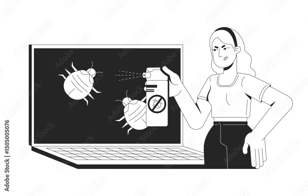 Poster antivirus laptop line illustration concept. debugging viruses malware. cyber hygiene. woman spraying