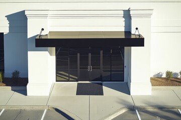 Modern commercial building entrance with black canopy and glass doors