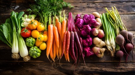 Colorful assortment of fresh organic vegetables neatly arranged on rustic wooden table under warm natural daylight, representing healthy eating, natural produce, and farm-to-table lifestyle