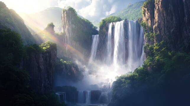 A powerful waterfall cascading over rugged cliffs, mist rising into the air as sunlight creates a faint rainbow.