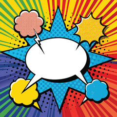 Colorful comic book background.Blank white speech bubbles of different shapes. Rays, radial, halftone, dotted effects. Vector illustration in pop art style