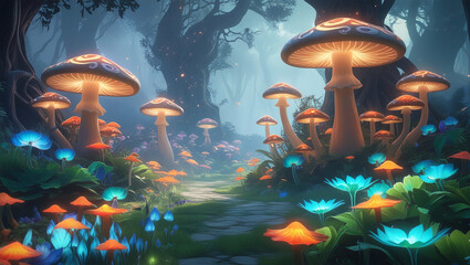 A serene and vibrant fantasy game world scenery featuring a lush array of oversized