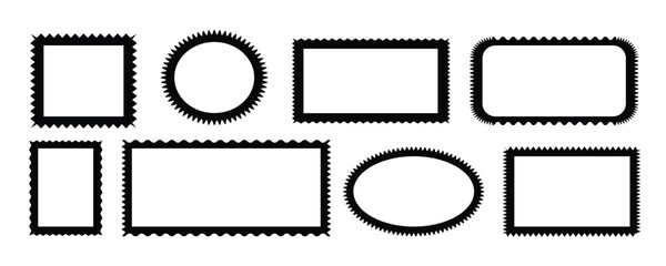 Fototapeta premium Wave zigzag dividers. Undulating zig zag round frame.Color rectangle frames with wiggly borders.Silhouette stickers circle, square, oval.Geometric shapes with scallop and zigzag edges set. 