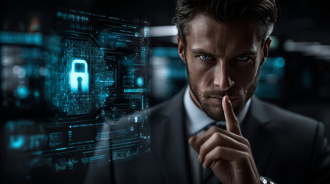Businessman holding information security measures, safeguarding sensitive data against unauthorized access and cyber threats. Implementing robust protocols ensures confidentiality, integrity.