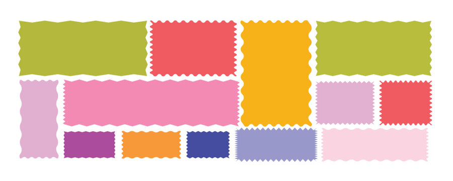 Wave zigzag dividers. Undulating zig zag round frame.Color rectangle frames with wiggly borders.Silhouette stickers circle, square, oval.Geometric shapes with scallop and zigzag edges set.
