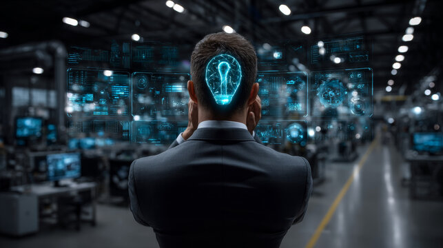 Businessman hand touches a shield, Industry 4.0 security, automation, integration. The concept represents safeguarding data privacy, cybersecurity threats, intellectual property, process optimization.