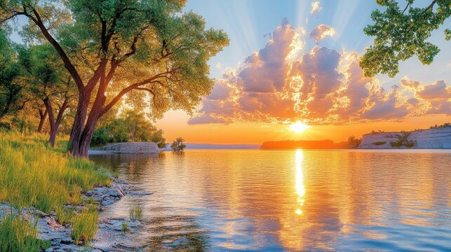 Serene sunset over a tranquil lake, with lush greenery and vibrant colors - Powered by Adobe