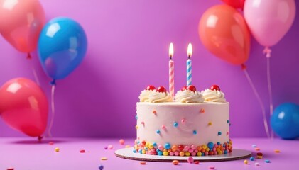 A festive birthday cake adorned with balloons, set against a vibrant purple background , joyful, element