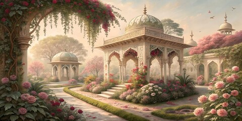 Mughal palace garden-themed invitation with floral vines, pastel tones, vintage handmade paper. Perfect for invitation card design, banner, poster, web page, background.