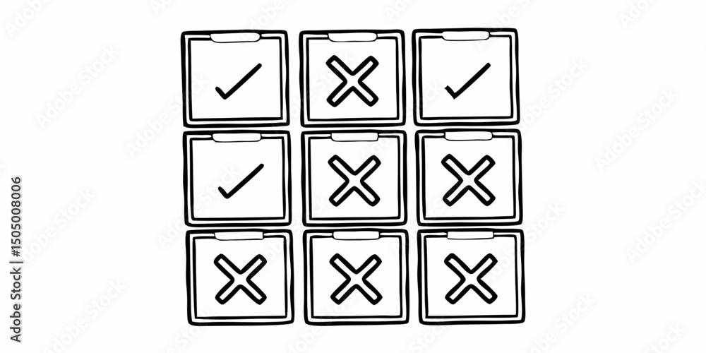Poster hand drawn tic tac toe game with check and cross marks