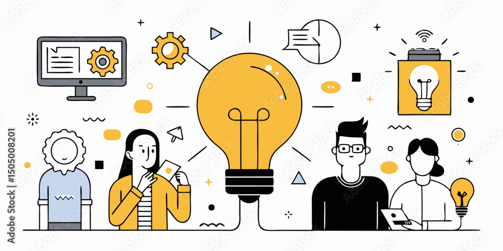 Poster creative teamwork and innovation collaborative problem solving with bright ideas