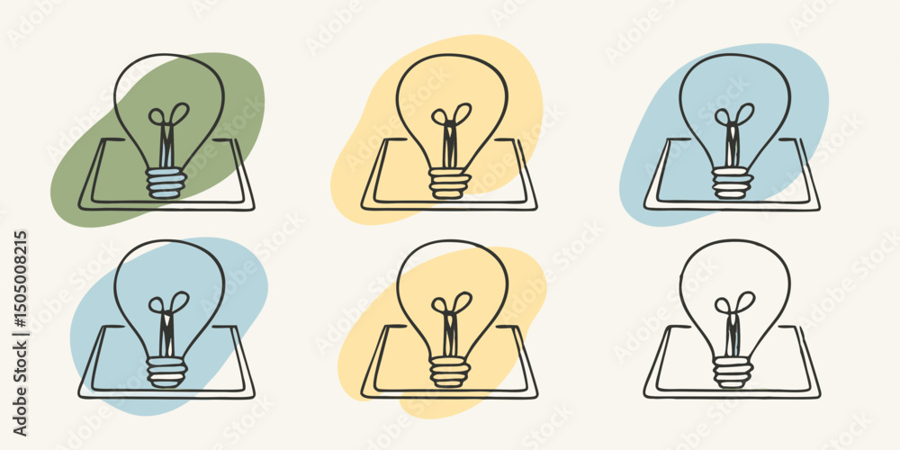 Poster abstract lightbulb icons in a row with pastel color background shapes