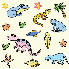 Obraz premium Cute Cartoon Animals Frogs, Lizards, and Fish Illustration