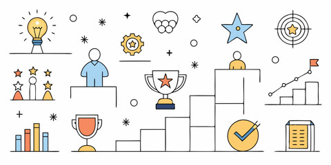 Fototapeta premium Business Success and Achievement Icons in Doodle Style on White Background