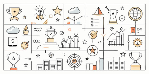 Business Success and Growth Doodle Illustration with Trophies and Charts