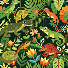 Fototapeta premium Vibrant Tropical Rainforest Illustration Lizards, Flowers, and Lush Foliage