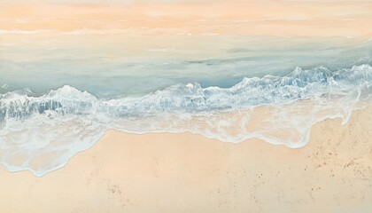A serene beach at dawn, gentle waves lapping at the shore, as soft pastel colors paint the morning sky.