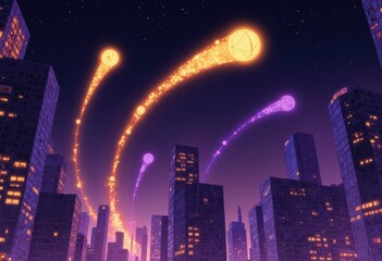 Glowing basketballs shooting stars across a night sky above the city