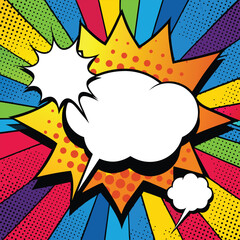 Colorful comic book background.Blank white speech bubbles of different shapes. Rays, radial, halftone, dotted effects. Vector illustration in pop art style