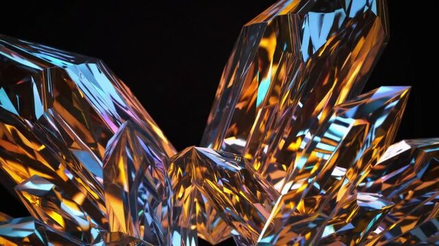 "Crystalline structures growing and shrinking smoothly, creating an evolving, dynamic visual effect. Intricate, fluid motion with glowing edges, evoking a sense of transformation and energy.

"