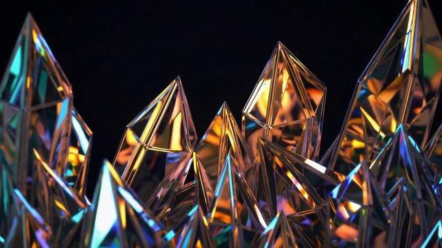 "Crystalline structures growing and shrinking smoothly, creating an evolving, dynamic visual effect. Intricate, fluid motion with glowing edges, evoking a sense of transformation and energy.

"