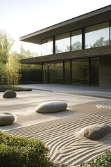 A serene Zen garden with smooth raked sand and carefully placed stones.
