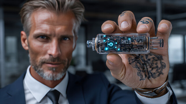 Businessman holding nanotechnology device, application, breakthrough, innovation, research, potential, advancements, integration, development, future, strategy.