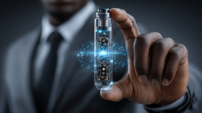 Businessman holding nanotechnology device, application, breakthrough, innovation, research, potential, advancements, integration, development, future, strategy.