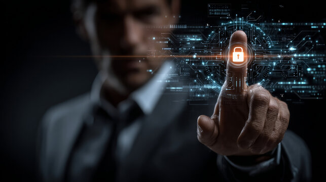 Businessman touching icon and fortifying the frontiers of network security, a critical domain safeguarding digital assets and ensuring the integrity of data in an interconnected world.