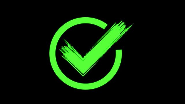 Green check mark. Neon light right sign. Green color check mark symbol. Approved sign.