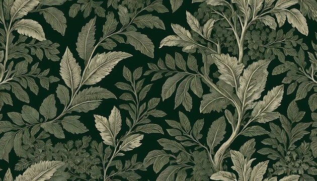 Intricate floral pattern featuring sketched leaves and branches against a dark green background.