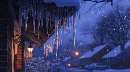 Winter Night Icicles on a House Roof