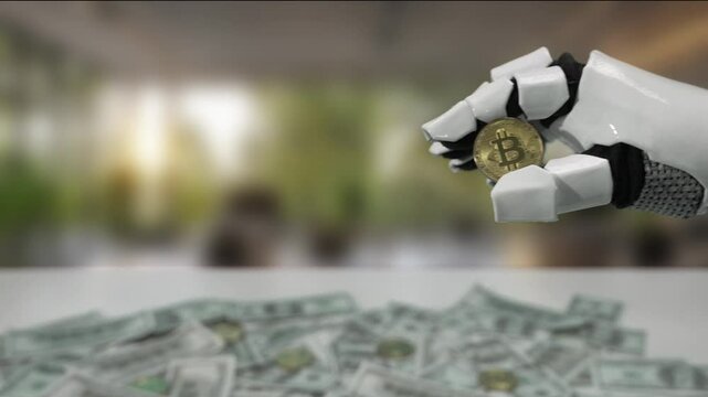 A robotic hand elegantly holds a Bitcoin against a backdrop of scattered cash, representing the convergence of technology and finance in the modern economy. MZL