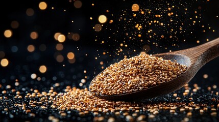 Wooden spoon filled with golden seeds, scattered on a dark surface, bokeh background