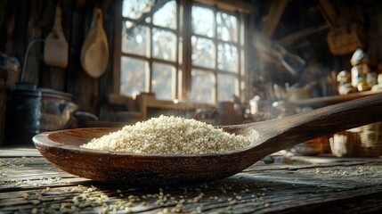 Wooden spoon filled with light-colored granules, rustic workshop setting