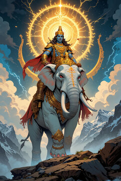 indian god, mythological masterpiece, indra dev sitting on  Airavata