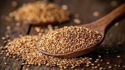 Wooden spoon full of sesame seeds, scattered seeds on rustic wood