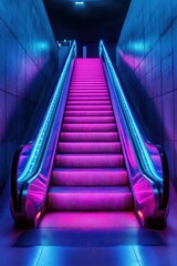 A stunning neon staircase glowing in vibrant blue and purple hues, seamlessly blending into the dark, futuristic atmosphere.