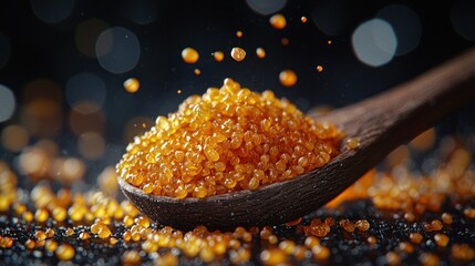 Wooden spoon holding a pile of golden grains, scattered, with bokeh