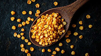 Wooden spoon filled with yellow lentils, scattered on dark surface
