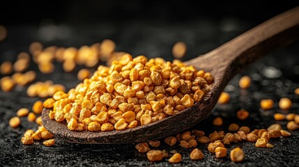 Wooden spoon holding a pile of yellow-gold dried peas