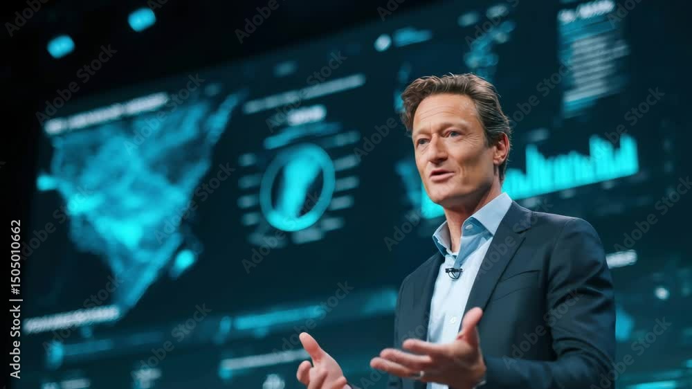 Poster a professional man delivers a presentation in front of a large digital data screen with charts and a