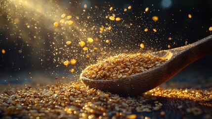 Wooden spoon overflowing with gold sesame seeds, sunlight splashing